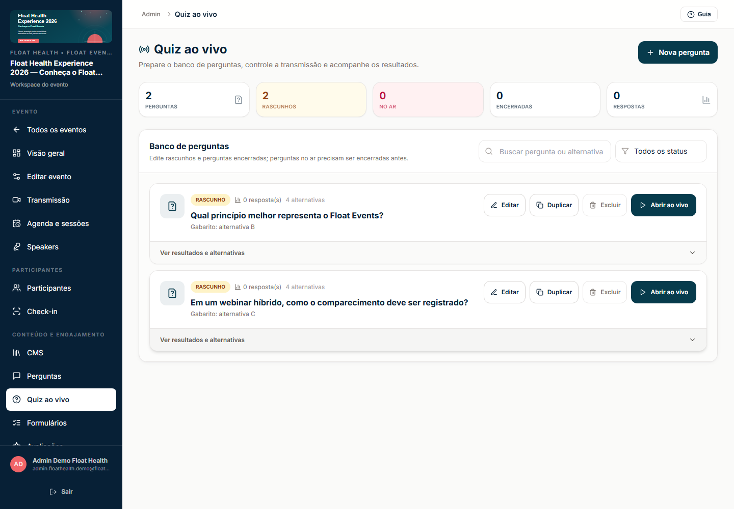 Banco administrativo de perguntas do quiz