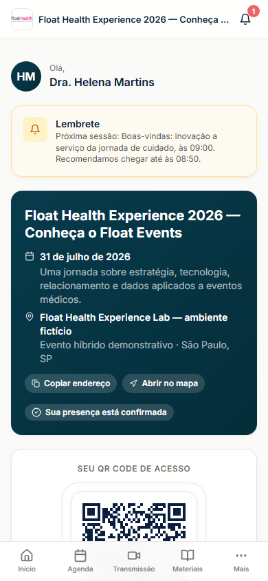 Página inicial do evento no celular com agenda e QR Code