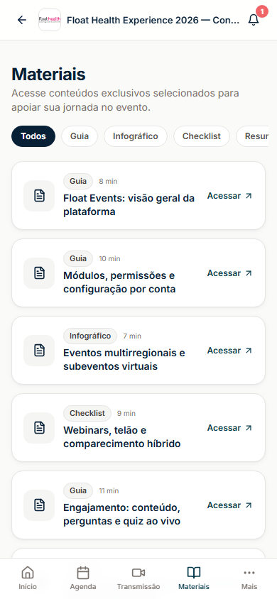 Lista de materiais do evento no celular