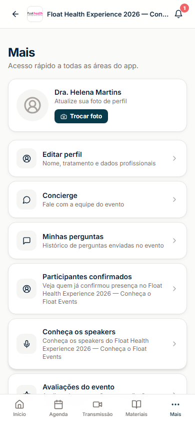 Menu de recursos do webapp médico